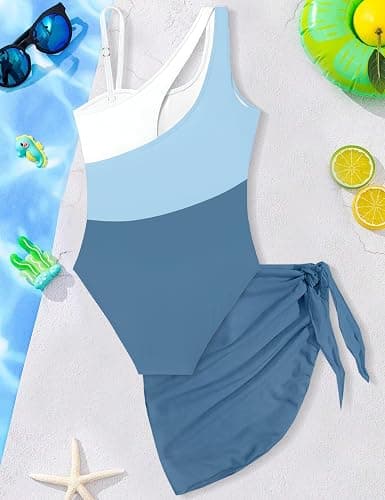 CRISONE Girl's One Piece Swimsuits Color Block Cutout One Shoulder Bathing Suit with Mesh Cover Up 1 Piece Swimsuit Swimwear thumbnail 5