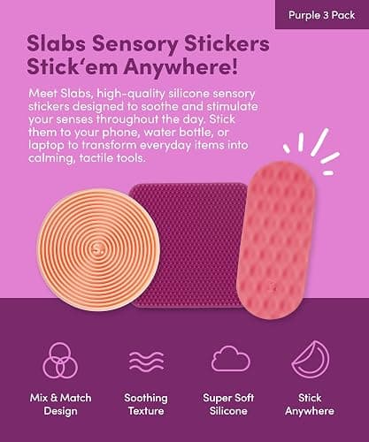 Speks Slabs Silicone Sensory Stickers | Calming Strips & Fidget Stickers for Desk | Anxiety & Focus Tool for Teens and Adults | Purple 3-Pack thumbnail 2