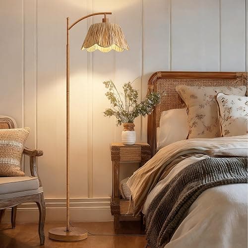 Oneach Rattan Floor Lamp for Bedroom, Boho Floor Lamp with Foot Switch, Farmhouse Standing Lamps for Living Room with Hand-Woven Shade, Walnut Metal Base & Pole thumbnail 4