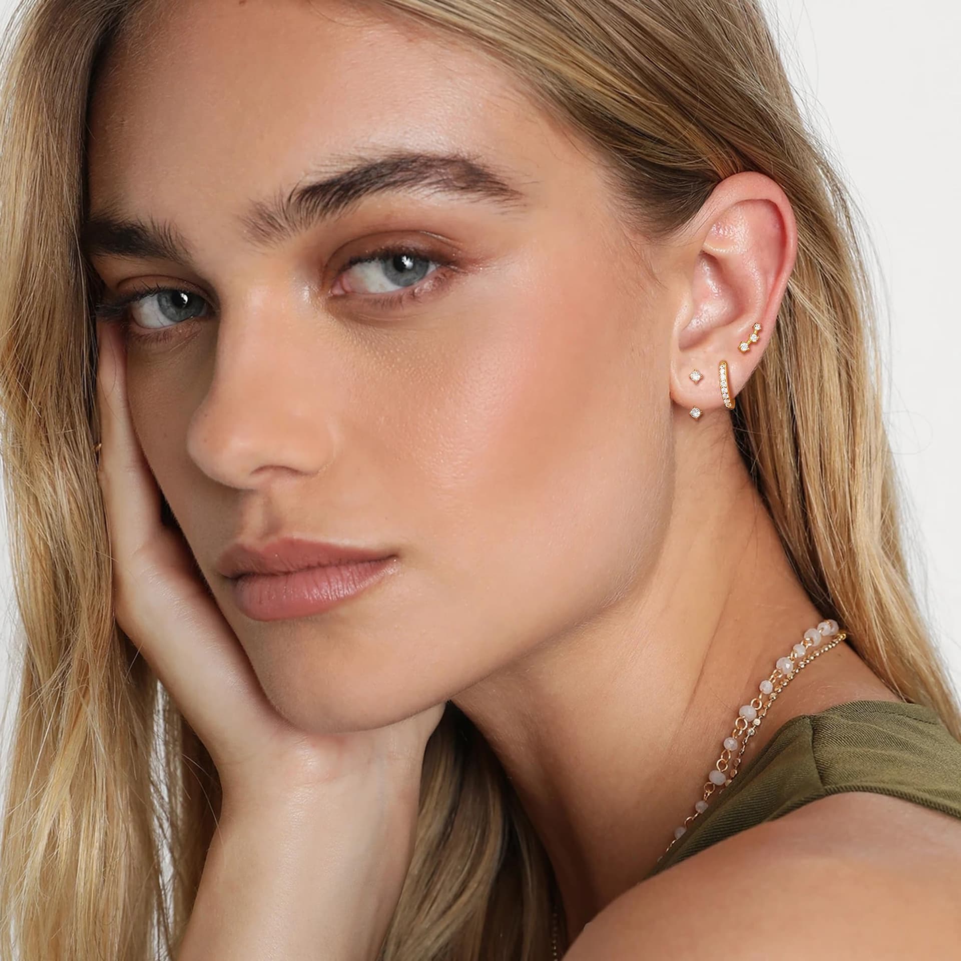 3 Pairs 14K Gold Plated Earrings Set for Women: Stud Earrings, Huggie Hoop Earrings Set for Multiple Piercings,Gold Earring Stack Hypoallergenic thumbnail 5