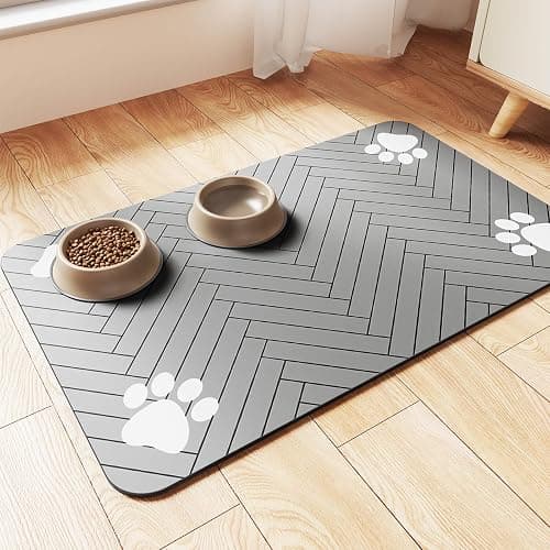 Pet Feeding Mat-Absorbent Pet Placemat for Food and Water Bowl, with Waterproof Rubber Backing, Quick Dry Water Dispenser Mat for Dog and Cat (20"x12", Striped Light Gray) - Image 1
