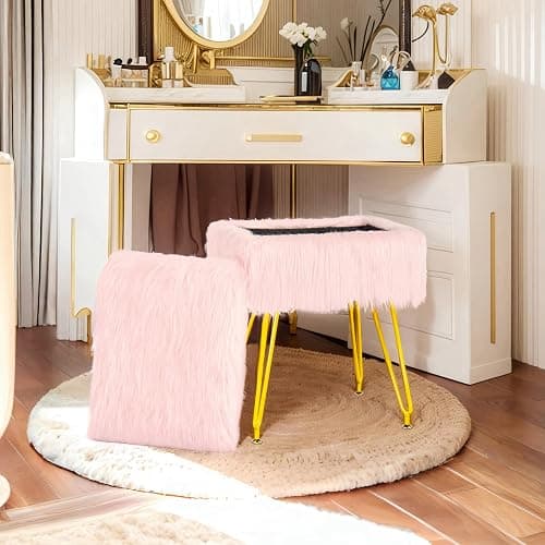 MOOWIND Vanity Stool Chair with Storage, Soft Ottoman Seat Vanity Stool with Anti-Slip Feet, Fluffy Padded Seat Multifunctional Footrest Side Table with 4 Metal Legs for Makeup, Bedroom, Pink thumbnail 7
