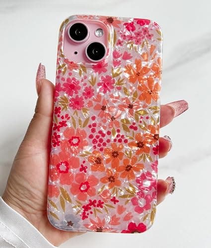 Qokey Compatible for iPhone 15 Case 6.1 inch,Cute Clear Flowers Design for Women Shell Pattern Soft Bumper Lightweight Slim Fit TPU Shockproof Phone Cover for iPhone 15,Pink Floral thumbnail 3