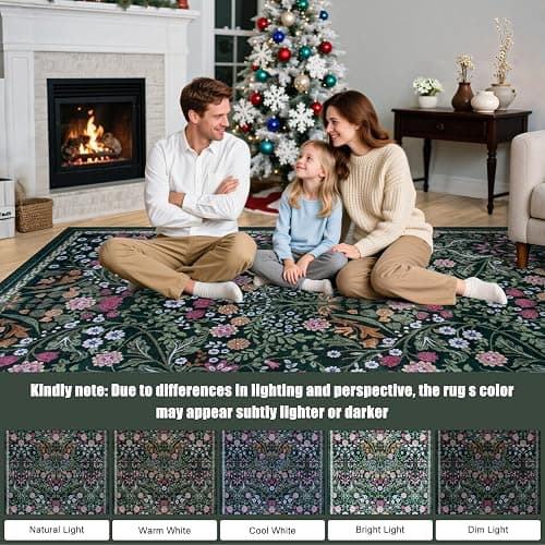 PLHXFR 8x10 Area Rug Living Room: Floral Washable Boho Carpet Dark Green | For Bedroom Dining Room Farmhouse Nursery Hallway,Vintage Floral,Machine washable,Non Slip,Stain Resistant,Large Indoor thumbnail 9