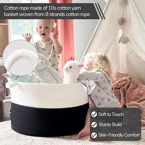 INDRESSME Large Cotton Rope Baskets for Storage, 21.7 x 13.8 Blanket Storage for Living Room Toy Baskets Kids, Baby Laundry Basket for Dirty Clothes, Pillows, 90L White & Black - White & Black - 21.7"D x 13.8"H thumbnail 3