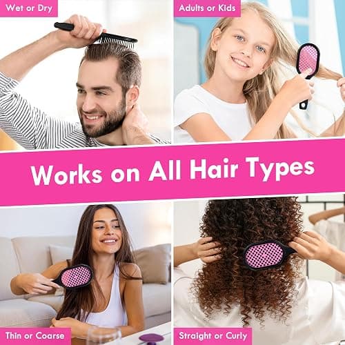Aussumy Vented Detangling Hair Brush - 2 Pack Detangler Hairbrush for Effortless Tangle Removal - Ultra-Soft Bristles -For Natural Curly Straight Wet Dry Damaged Hair for Women Men Kids - Black & Pink thumbnail 6
