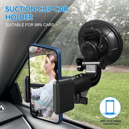 OctinPris Dash Cam Suction Cup Mount Windshield Camera Holder Stand 9CM with Phone Bracket for GPS Driving DVR Action Camcorder Video Record POV/VLOG Compatible with Gopro Hero, Insta360 Smartphone thumbnail 3