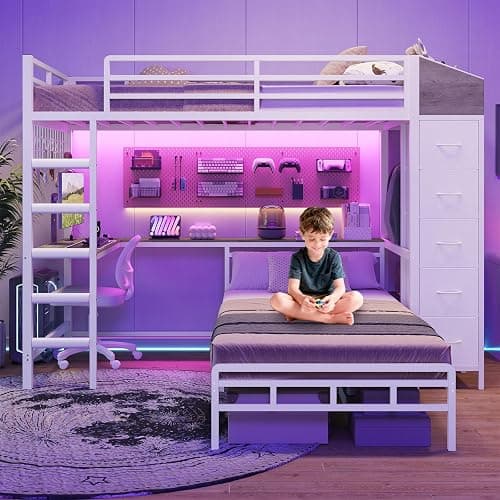 Bunk Bed Twin Over Twin with Desk, LED Lights and Hall Tree, L-Shaped Bunk Bed with Charging Station, 5 Storage Drawers, Twin Bunk Beds with 13.4"H Guardrail & Stairs, No Box Spring Needed, White thumbnail 8