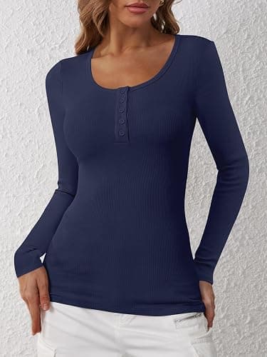 ANRABESS Women's Long Sleeve Henley Tops Ribbed Knit Slim Fitted Trendy T Shirt Basic Tees Layer 2025 Fall Fashion Outfits thumbnail 5