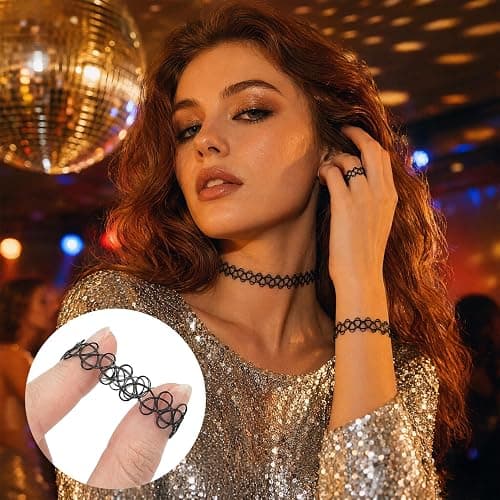 guleon15Pcs Tattoo Choker Set, Stretchy 90s Choker Necklace for Women,Black | 0.47in width, plastic, 5 sets of necklace bracelet ring, simple tattoo pattern, for 90s, retro, y2k styling, daily, party thumbnail 6