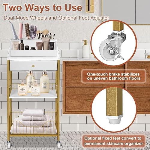 NauwaBarn Makeup Organizer Cart with Drawer, 2-in-1 Rolling Organizer Cart with Hair Tool Holder, Vanity Storage for Skincare, Perfume, Nail Polish, Cosmetics, Gold Finish thumbnail 5