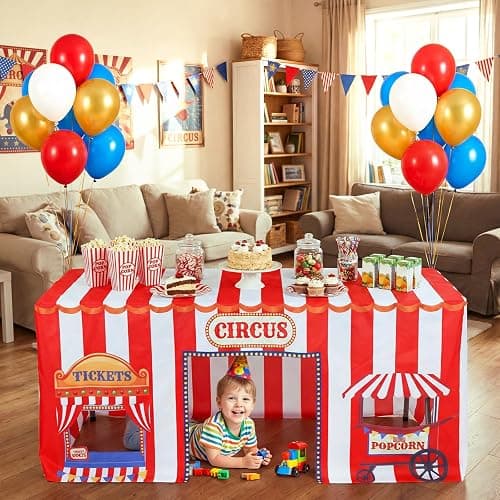 Breling 6 ft Circus Tablecloths Carnival Birthday Party Decorations Popcorn Booth Fitted Tablecloths Fort Tent 72 x 30 Inch Rectangle Washable Polyester Table Cover Party Supplies thumbnail 5