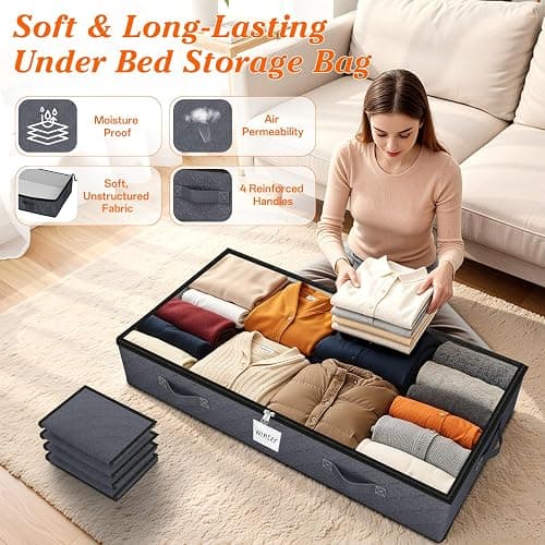 90L Under Bed Storage Containers, Storage Bags, Organizers, 4-Pack, Gray | Foldable, Soft Fabric, Closet Organizers, Reinforced Handle, Label Holder, Clear Window, for Comforters, Clothing, Blankets thumbnail 3