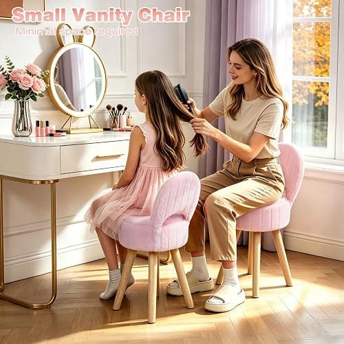 KANEODOT Vanity Stool with Storage & Folding Back,11.8“ D x 12.9” W x 27.9" H Round Faux Fur Cute Vanity Chair with 4 Solid Wood Legs,Comfy Small Makeup Ottoman for Living Room,Bedroom,Closet,Pink thumbnail 3