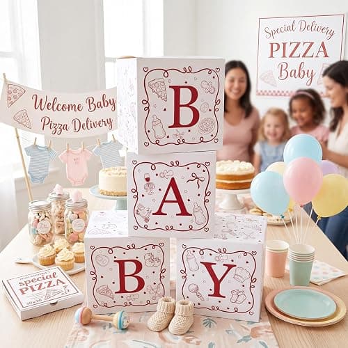 Vicenpal Special Delivery Pizza Baby Shower Boxes with Letters for Baby Shower Decorations Italian Pizza Gender Reveal Decoration Photo Prop Set of 4 Birthday Party Favors thumbnail 5