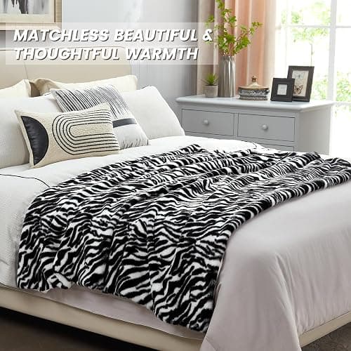 DREAMNINE Soft Cozy Plush Fuzzy Zebra Faux Rabbit Fur Throw Blanket 50" x 60", Double Sided Thick Warm Shaagy Fluffy Blankets for Winter, Cute Comfy Shag Animal Blanket for Women Kids, White and Black thumbnail 3