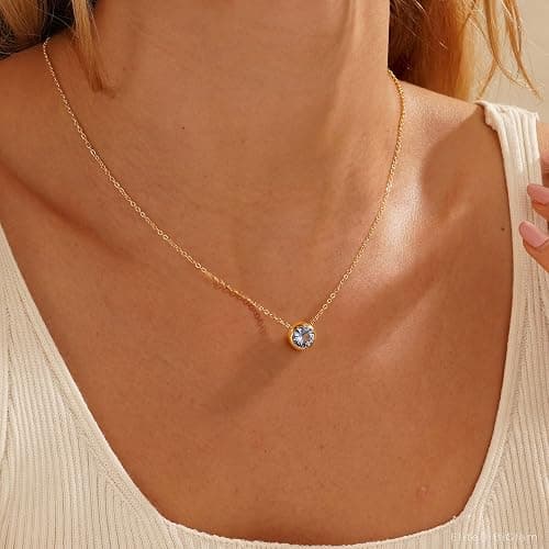 Turandoss Birthstone Necklace for Women, Dainty 14K Gold Plated Red Blue Green Diamond Emerald Birthstone Necklace 12 Month Birthstone Jewelry Birthday Gifts for Women Teen Girls thumbnail 4