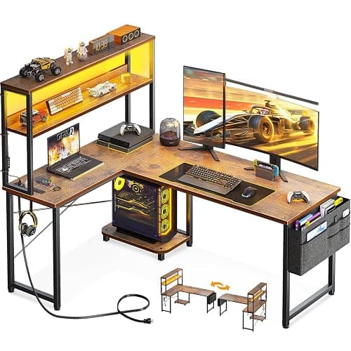 AODK L Shaped Desk Gaming Desk with LED Light & Power Outlet, 53 Inch Reversible L Shaped Computer Table with Shelf & Storage Bag & Hook for Home Office, Vintage - Image 1