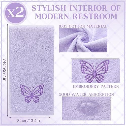 SmoothNovelty 2 Pcs Butterfly Hand Towels Purple Bathroom Decor 14x29 Inch | Embroidered Bathroom Hand Towels, 100% Cotton, Soft Absorbent, Purple Butterfly Bathroom Kitchen Decor thumbnail 3