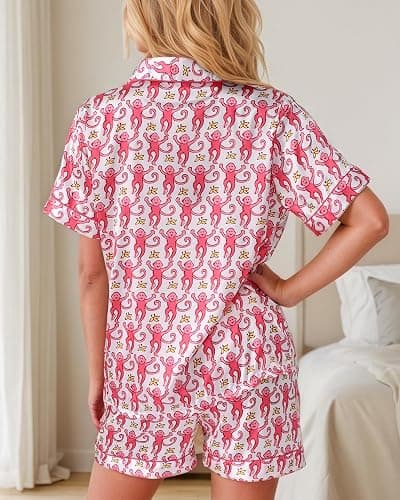 HINFEL Women Y2k Pajamas Set Silk Satin Short Sleeve Button Down Top and Shorts Monkey Sleepwear Preppy Bridal Loungewear - Pink - XX-Small thumbnail 5