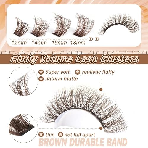 Focipeysa Fluffy Brown Lash Clusters Brown Eyelash Extensions Thick Volume Clusters Eyelash 12-18mm Classic Lash Extension C Curl Individual Lashes Extension DIY Lash Extension at Home (C Curl 120pcs) thumbnail 3