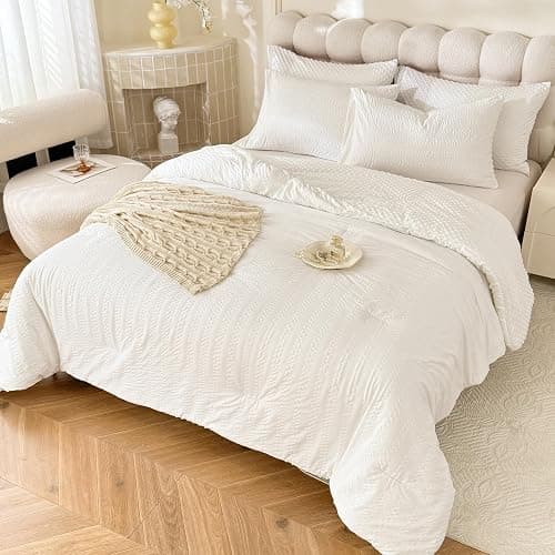 tohrisa Boho Comforter Set Queen Size Striped Pleats Bohemian Seersucker Bedding Set All Season Soft Cozy 3 Pieces Quilt with 2 Pillowcases(90"X90" White) thumbnail 7