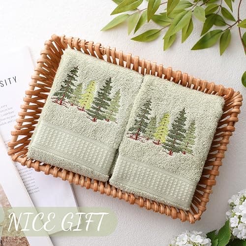 SmoothNovelty 2 Pcs Forest Hand Towels Gray Green Bathroom Decor 14x29 Inch Embroidered 100% Cotton Soft Absorbent Nature Scene Decorative Hand Towels for Bathroom Kitchen thumbnail 2