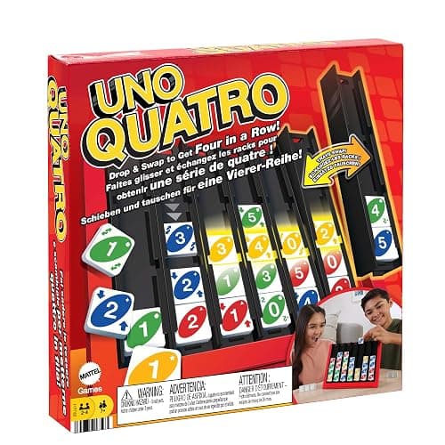 Mattel Games UNO Quatro, Jeu De Tuiles Familial pour Enfants Et Adultes, Jeux De Société pour Soirée Jeu en Famille Ou en Voyage, 2 À 4 Joueurs, Jouet pour Enfant de 7 Ans et Plus, HPF82 - Image 1
