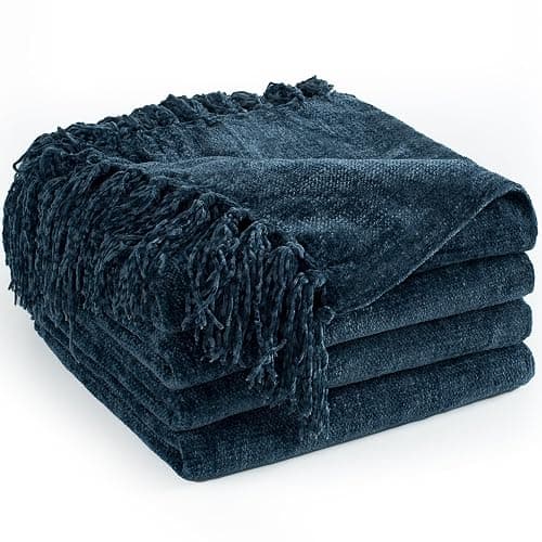 LONG CREATE Chenille Throw Blanket for Couch 50"X 60", Soft Cozy Throws with Fringe Tassel for Bed Sofa Chair Cover, Lightweight Knitted Decorative Boho Blankets for Living Room, Navy Blue - Image 1