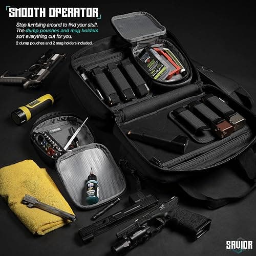 Savior Equipment Specialist Series Mini Range Bag Tactical Dual Pistol Handgun Revolver Hunting Bag Gun Carrying Case, X-Large Compartments w/Lockable Zippers, Deluxe Padded Shoulder Strap Included - Obsidian Black - 13" x 9" x 8.75" Range Bag thumbnail 4
