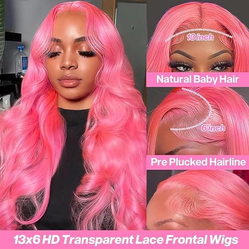 GHYK Pink 13x6 Lace Front Wigs Human Hair 200 Density HD Wear and Go Glueless Body Wave Lace Front Wigs Human Hair Pre Plucked Pre Cut Frontal Body Wave Wig for Women 30 Inch thumbnail 2