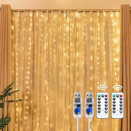 Brightown 2 Pack 300 LED Fairy Curtain Lights, 9.8ft x 9.8ft String Lights | USB Plug in 8 Lighting Modes Christmas String Hanging Lights with Remote for Bedroom Indoor Outdoor Party Xmas Warm White - Image 1