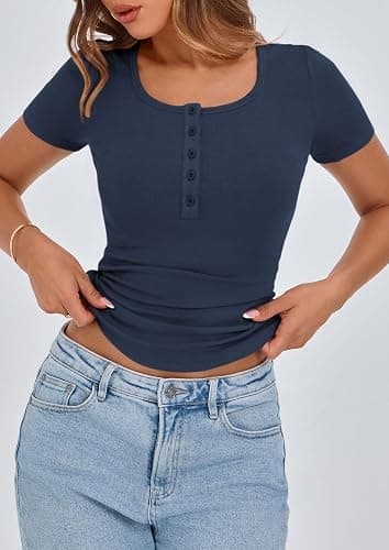 PRETTYGARDEN Women's 2025 Fall Summer Short Sleeve Tops Ribbed Henley Button Slim Fit Basic Casual T Shirts Blouse Clothing thumbnail 6