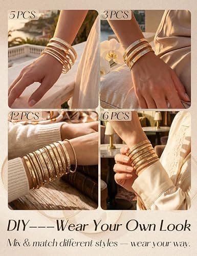12Pcs Gold Bangle Bracelets for Women 14K Plated Adjustable Indian Boho Set | Stackable Layered Textured Bangle Set, Boho Gold Plated Bracelets, Lightweight Non Tarnish Jewelry, Great Gift for Women thumbnail 7