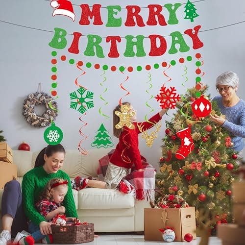 Gameza Christmas Birthday Decorations, 15PCS Glittery Merry Birthday Banners Hanging Swirls Decor, Xmas Happy Bday Party Decor for Girls Boys thumbnail 6