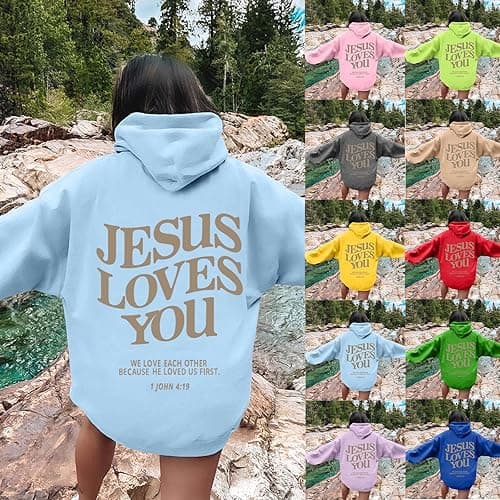 Jesus Loves You Hoodie Christian Hoodies for Women Jesus Pullover Tops Comfy Casual Streetwear Clothes with Pocket - B - Pink - X-Large thumbnail 7
