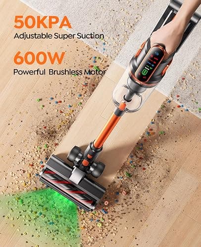 Cordless Vacuum Cleaner 50KPA/600W/65 Mins Cordless Stick Vacuum with Touch Screen, Anti-tangle&AUTO Mode,Wall Charging Powerful Handheld Vacuums for Home Carpet/Car/Pet Hair - Ideal for UK Homes thumbnail 2