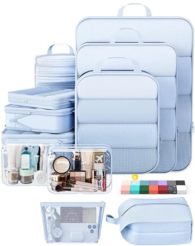 Veken 11 Set Compression Packing Cubes for Travel Essentials,Compressible Expandable Large Luggage Suitcase Organizer Bags for Clothing,Durable Space Saver Storage Bags with Toiletry Bags(Light Blue) - Image 1