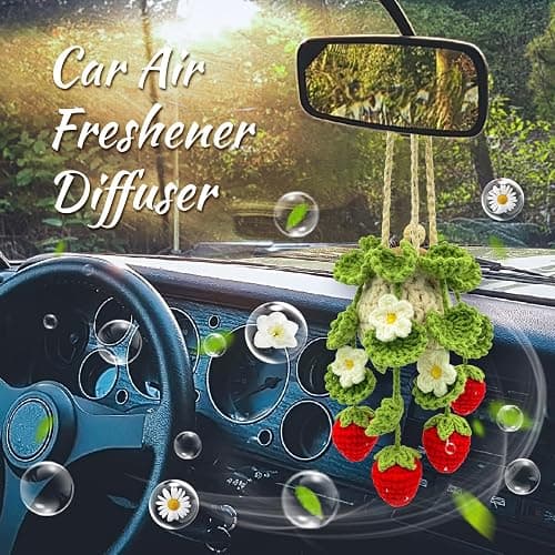 Crochet Car Air Freshener, 15ml Empty Refillable Oil Diffuser Bottle with Hanging Crochet Strawberry Plant for Car Rearview Mirror Air Freshener Diffuser for Home, and Office Decor thumbnail 2