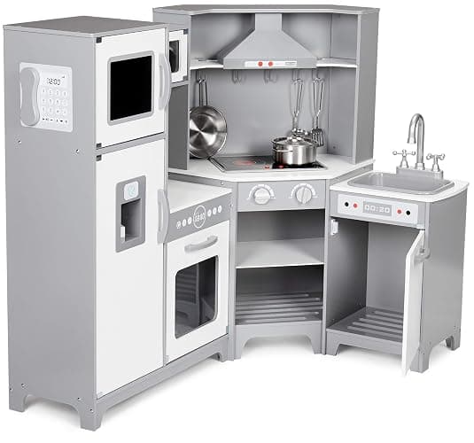 Amazon Basics Kids Corner Wooden Kitchen Toy Playset with Stove, Oven, Sink, Fridge and Accessories, for Toddlers, Preschoolers, Children Age 3+ Years, White & Gray, 39.37"L x 28.35"W x 35.04"H thumbnail 5