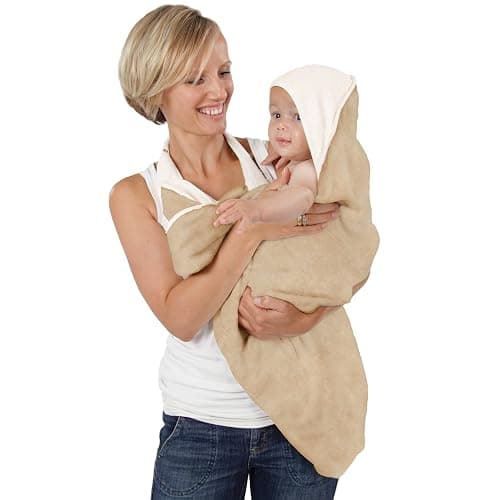 Cuddledry Hands Free Baby Bath Towel | Luxuriously Soft Bamboo & Cotton Hooded Baby Towel | Apron Towel for Safe Babies Bathtime | Perfect Newborn Gift | Oatmeal - Image 1