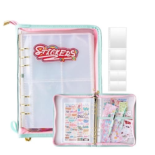 A5 Sticker Collection Organizer Binder kit large capacity (65 sheet), PU leather clear sticker storage book album with zipper closure,double-sided Collecting for journal scrapbook planner (Green) - Image 1