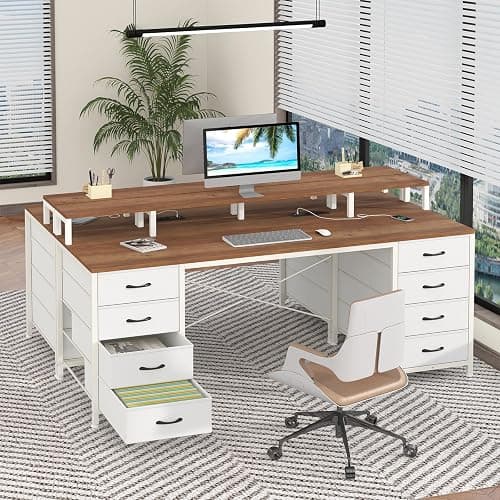 60" Computer Desk with 8 Drawers & Monitor Stand for Home Office, Bedroom | Gaming Desk with LED Lights & Power Outlets, Home Office Desk with 8 Fabric Drawers, Brown & White thumbnail 9