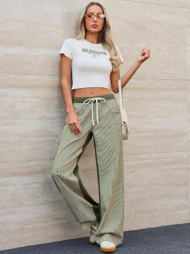 PEIHOT Low Rise Striped Pants for Women Pull On Drawstring Boho Wide Leg Jeans Trendy 2025 thumbnail 6