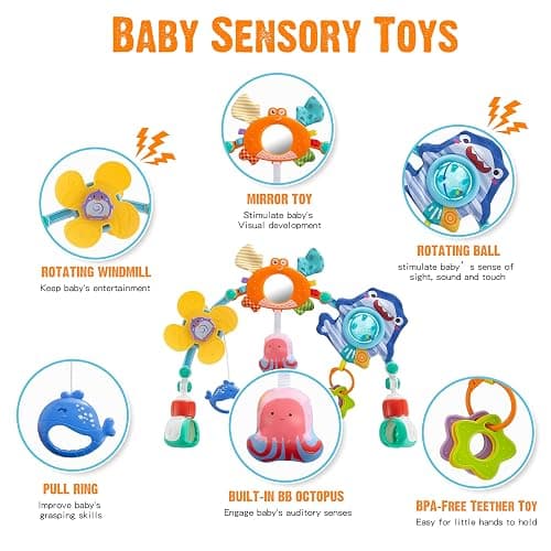 Baby Stroller Arch Toy, Car Seat Toys, Adjustable Arch Stroller toy with Hanging Sensory Activity toys,fits on Baby Bouncer, Bassinet, Stroller, Crib and Car Seats for baby infant Boy Girl 0-18 Months thumbnail 3