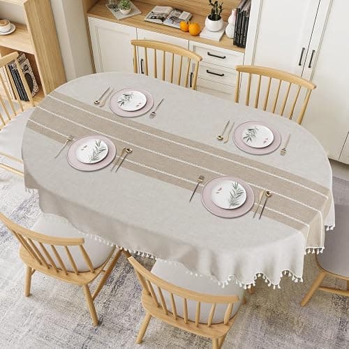 HOMBYS Solid Embroidery Oval Tablecloth with Tassels for Oval Table, 52 x 70 Inch Lace Dust-Proof Table Cover for Kitchen Dinning, Wrinkle Free Anti-Fading Tabletop Decoration thumbnail 2