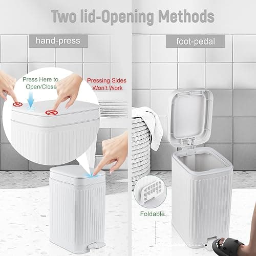 Small Bathroom Trash Can with Lid, 1.9 Gallon Slim Soft Close Step, White | Garbage Can with Pedal for Office, Bedroom, Kitchen & Living Room, Narrow Plastic Wastebasket Container for Small Spaces thumbnail 3
