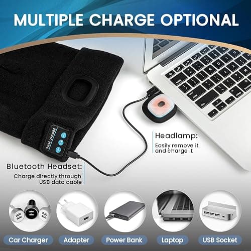 VIBELITE Bluetooth Beanie Hat with Light, USB Rechargeable LED Headlamp with Wireless Headphones, Christmas Gifts Stocking Stuffers for Men, Teen Boys, Him, Husband, Boyfriend, Grey thumbnail 5