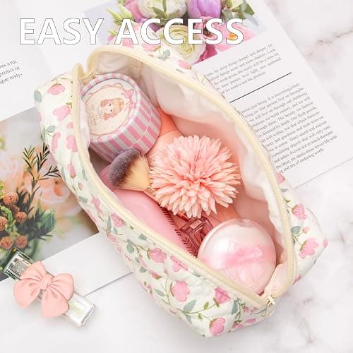 PAZIMIIK Vintage Quilted Makeup Bag Cosmetic Pouch for Brushes Pencils and Travel Make Up Accessories for Women and Girls Flower White thumbnail 5