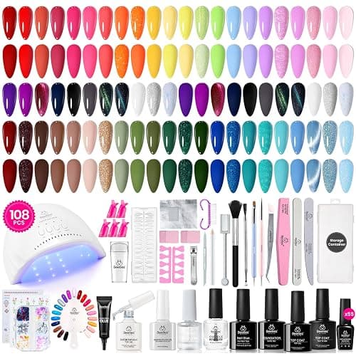 Beetles Gel Nail Polish kit with UV Light, 108 PCS 55 Colors Valentines Gel Polish Set Base Coat Glossy Matte Glitter Top Coat Gel Polish Glitter Red Green Brown Purple Pink Cat Eye Gel Gift for Women - Image 1
